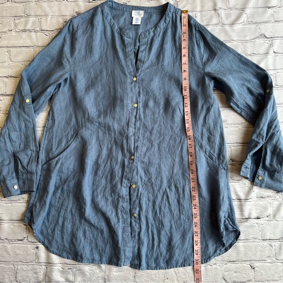 Sigrid Olsen Blue Long Linen Lagenlook Top Button Down Shirt Medium Pockets - Picture 9 of 14